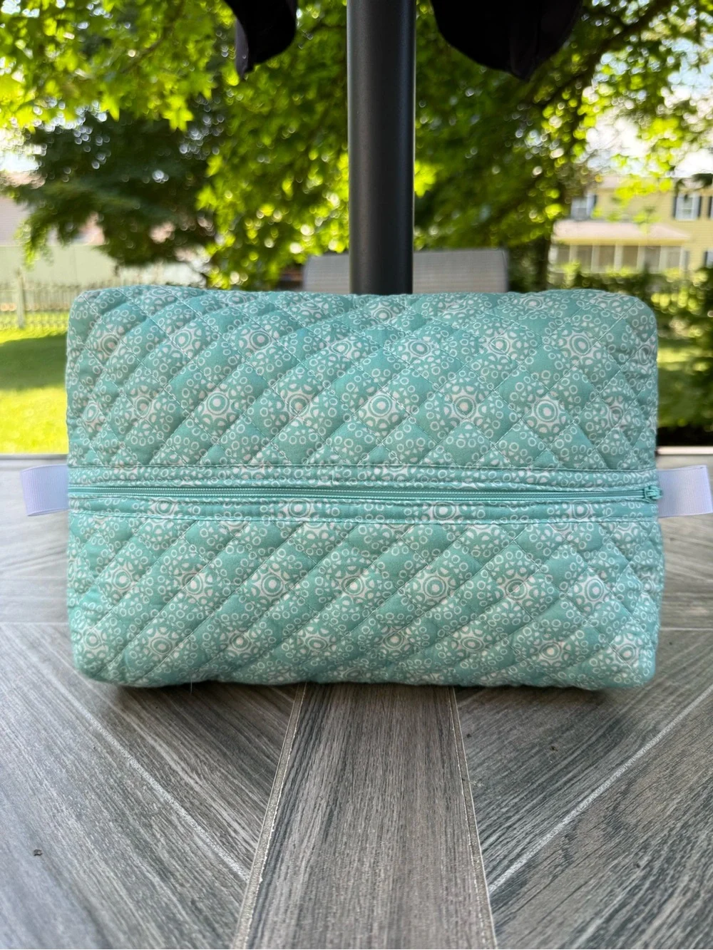 Hand Crafted Aqua Quilted Geometric Travel Pouch Cosmetic Bag Zipper Closure